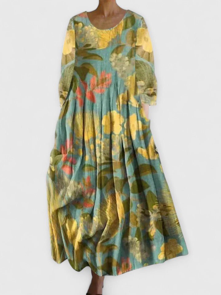 Women's Watercolor Sea Turtle Print Three-Quarter Sleeve Midi Dress - Flower 4