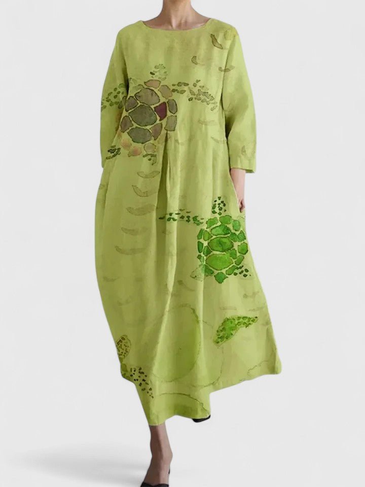 Women's Watercolor Sea Turtle Print Three-Quarter Sleeve Midi Dress - Flower 5