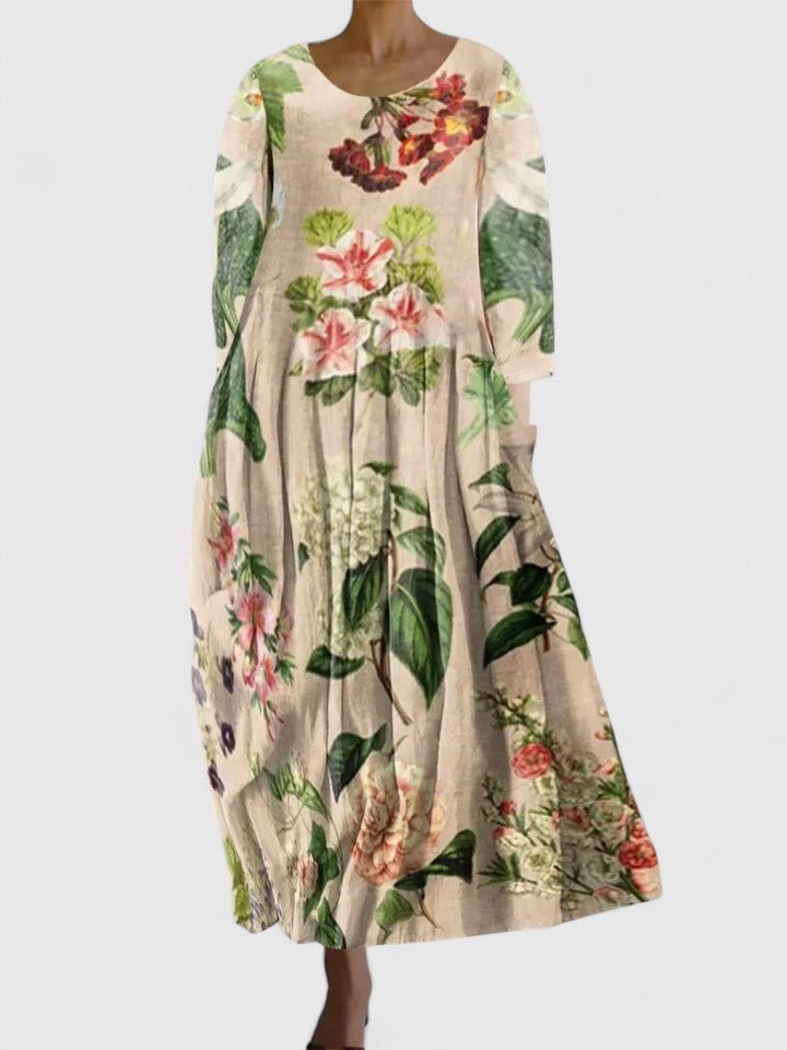 Women's Watercolor Sea Turtle Print Three-Quarter Sleeve Midi Dress - Flower 6