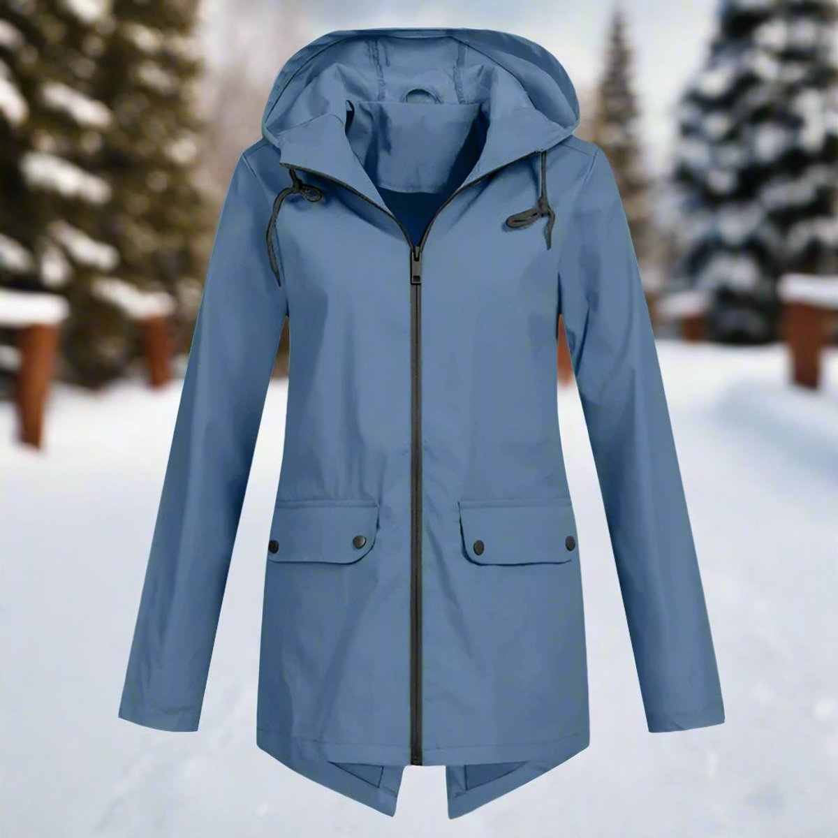 Women's Waterproof Hooded Rain Jacket Zip-Up Adjustable Cuffs Pockets - Blue