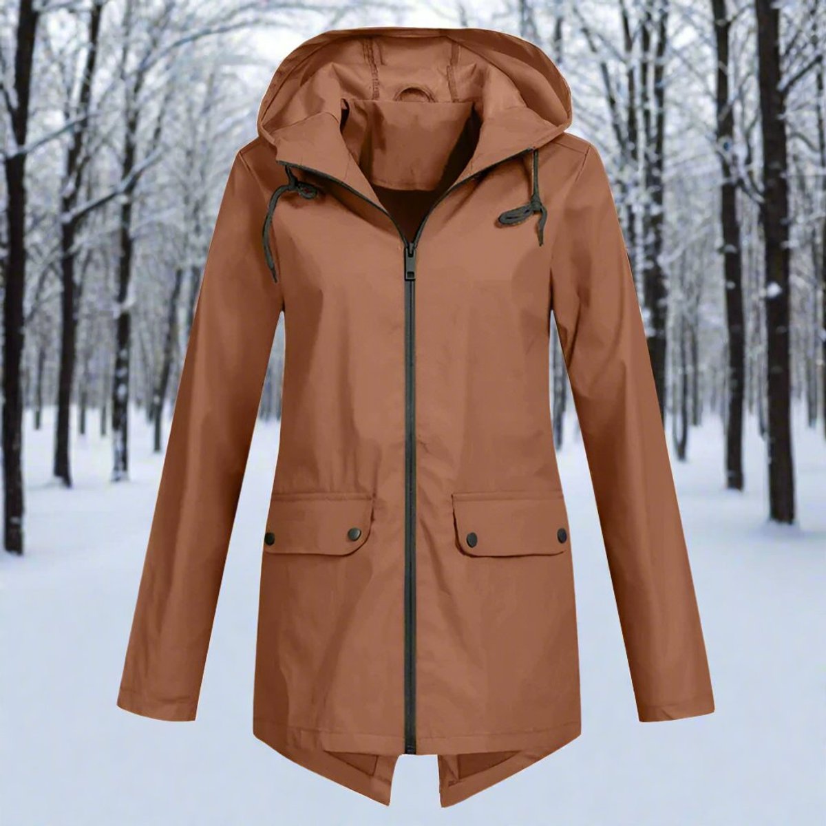 Women's Waterproof Hooded Rain Jacket Zip-Up Adjustable Cuffs Pockets - Coffee
