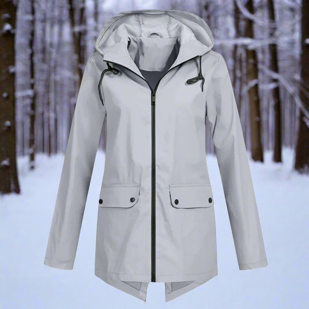 Women's Waterproof Hooded Rain Jacket Zip-Up Adjustable Cuffs Pockets - Gray