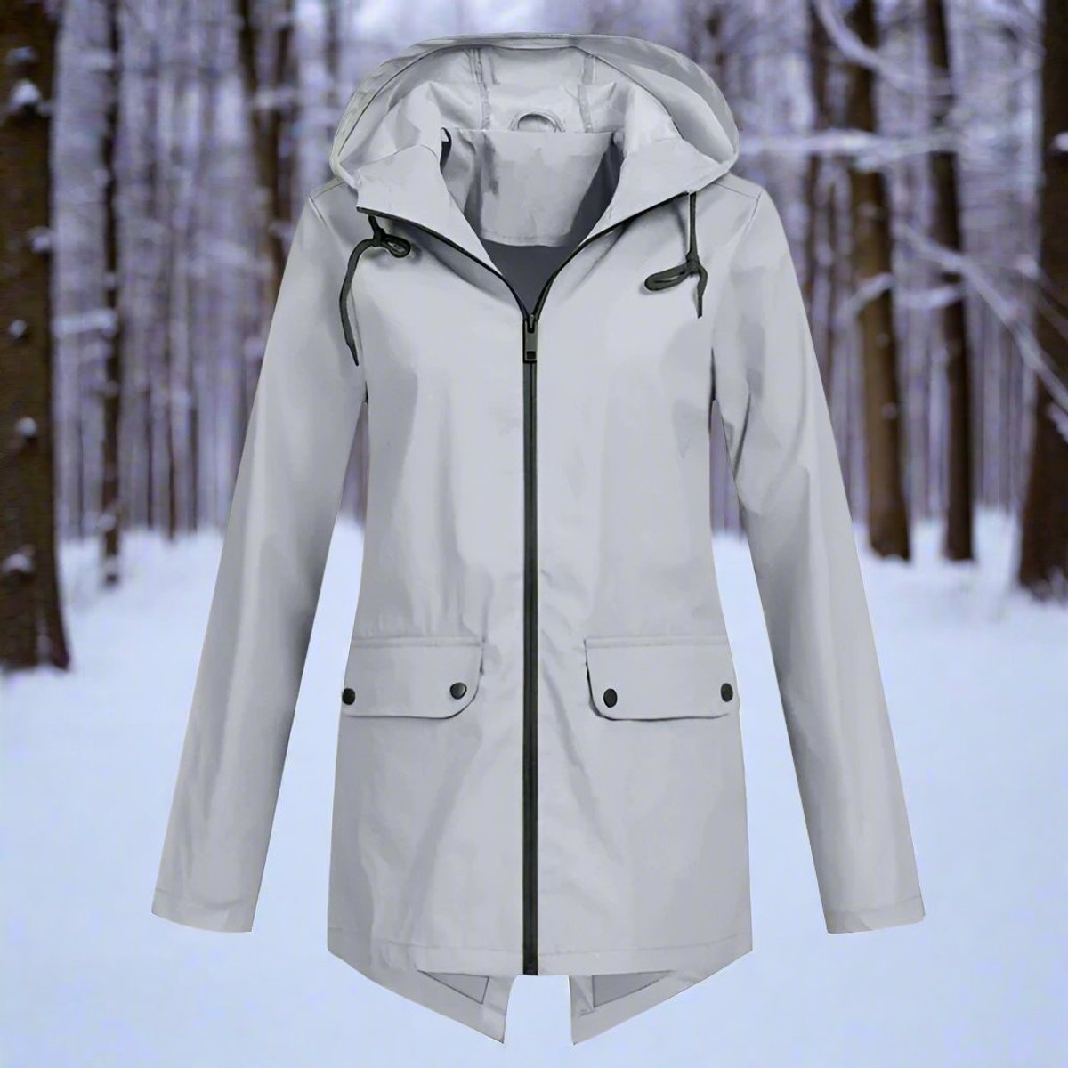 Women's Waterproof Hooded Rain Jacket Zip-Up Adjustable Cuffs Pockets - Gray