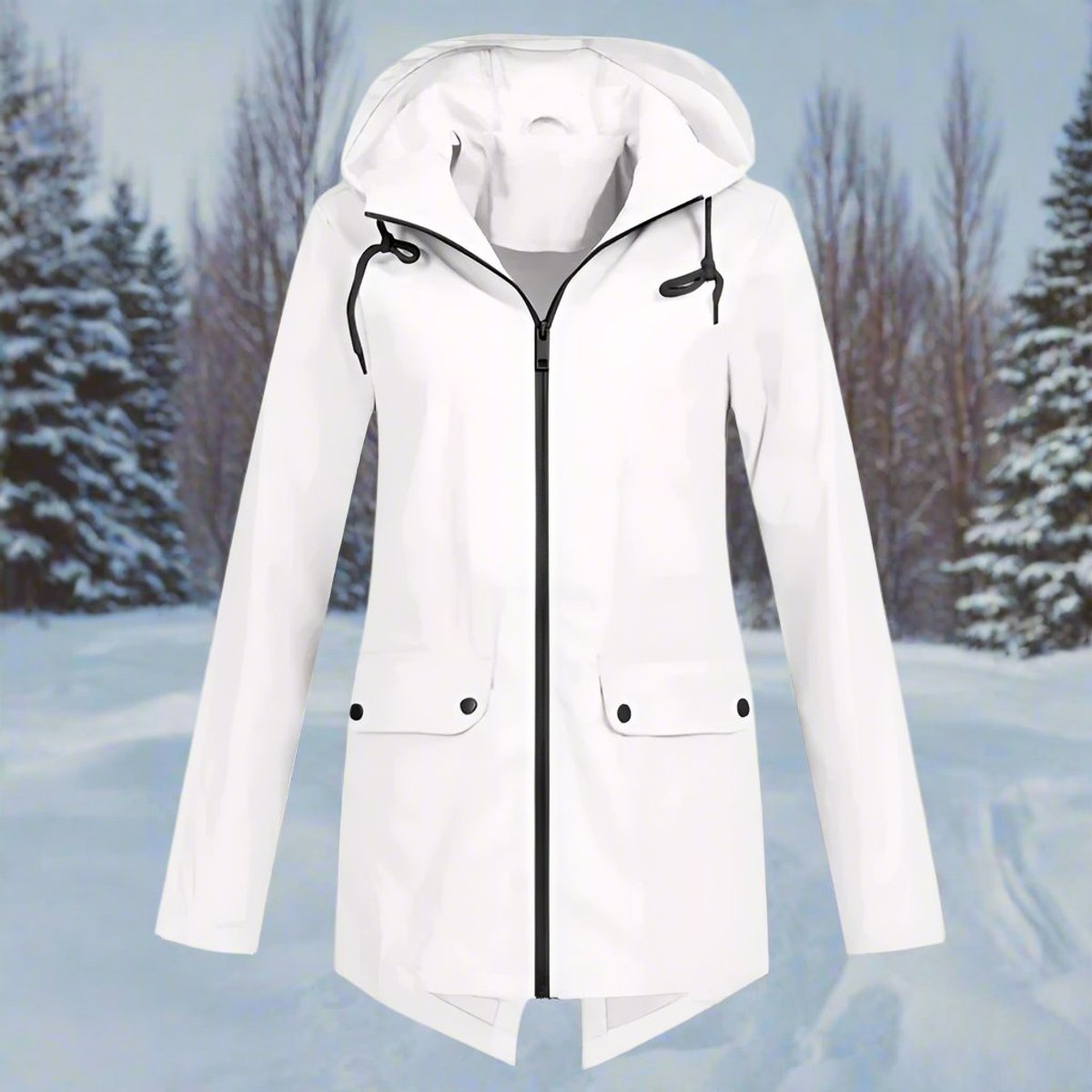 Women's Waterproof Hooded Rain Jacket Zip-Up Adjustable Cuffs Pockets - White