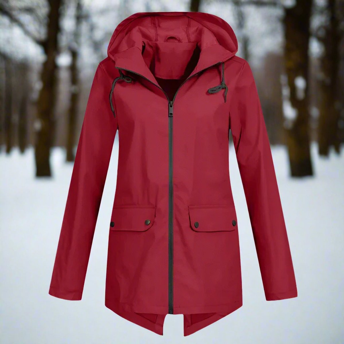 Women's Waterproof Hooded Rain Jacket Zip-Up Adjustable Cuffs Pockets - Wine Red
