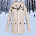Women's Waterproof Hooded Rain Jacket Zip-Up Adjustable Cuffs Pockets - Apricot