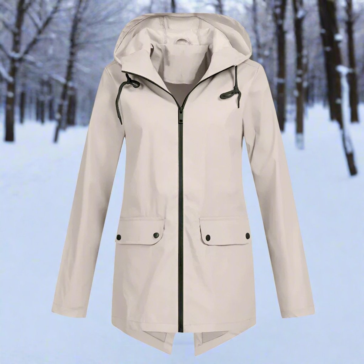 Women's Waterproof Hooded Rain Jacket Zip-Up Adjustable Cuffs Pockets - Apricot