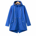 Women's Waterproof Hooded Trench Raincoat Drawstring Zip-Up - Blue