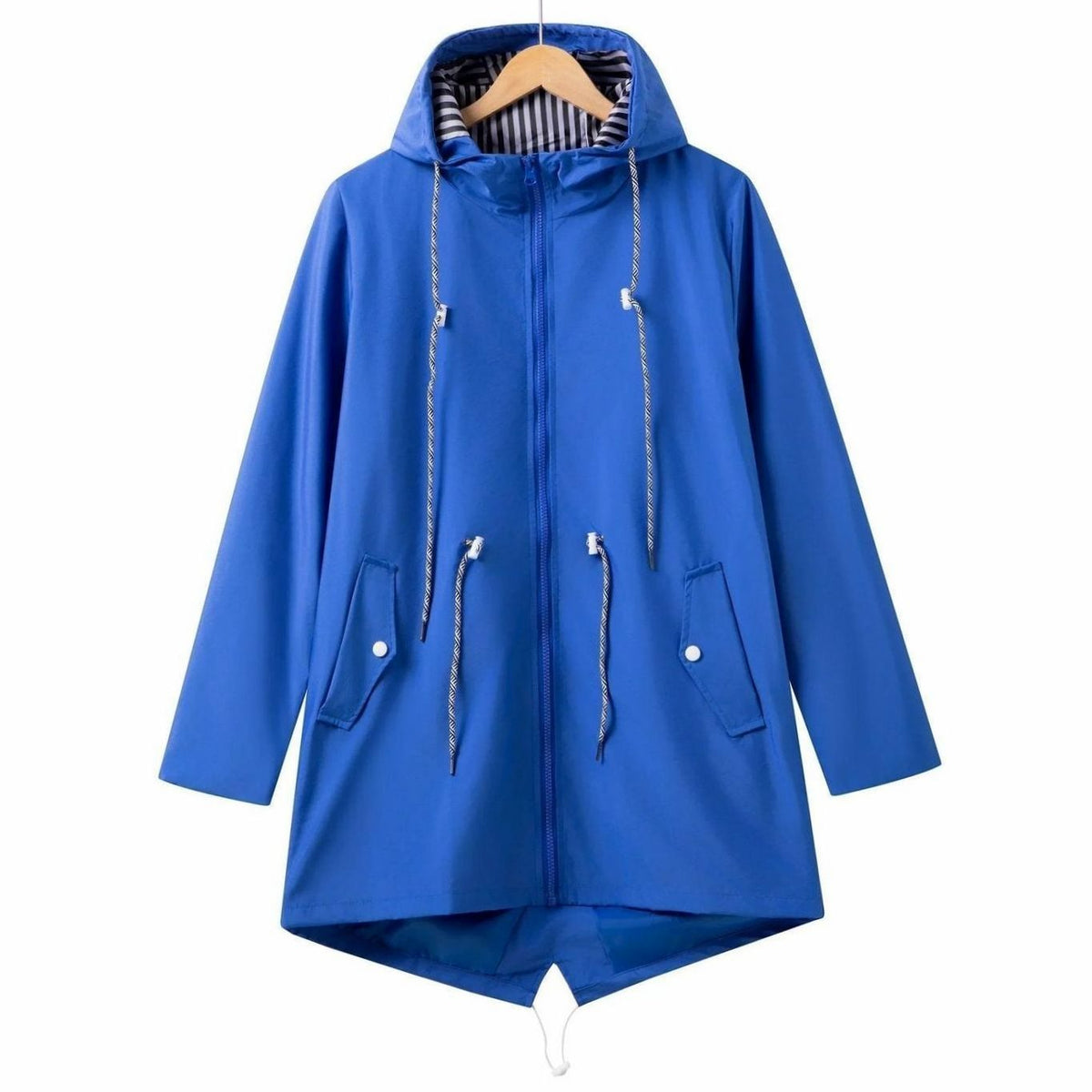 Women's Waterproof Hooded Trench Raincoat Drawstring Zip-Up - Blue
