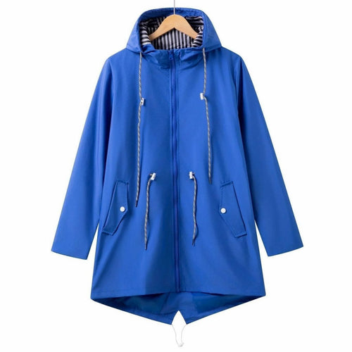 Women's Waterproof Hooded Trench Raincoat Drawstring Zip-Up - Blue