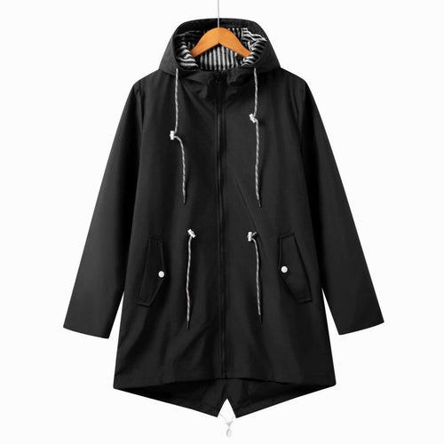 Women's Waterproof Hooded Trench Raincoat Drawstring Zip-Up - Black