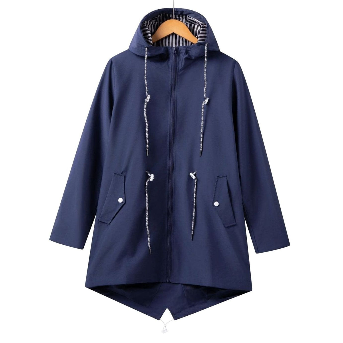 Women's Waterproof Hooded Trench Raincoat Drawstring Zip-Up - Navy