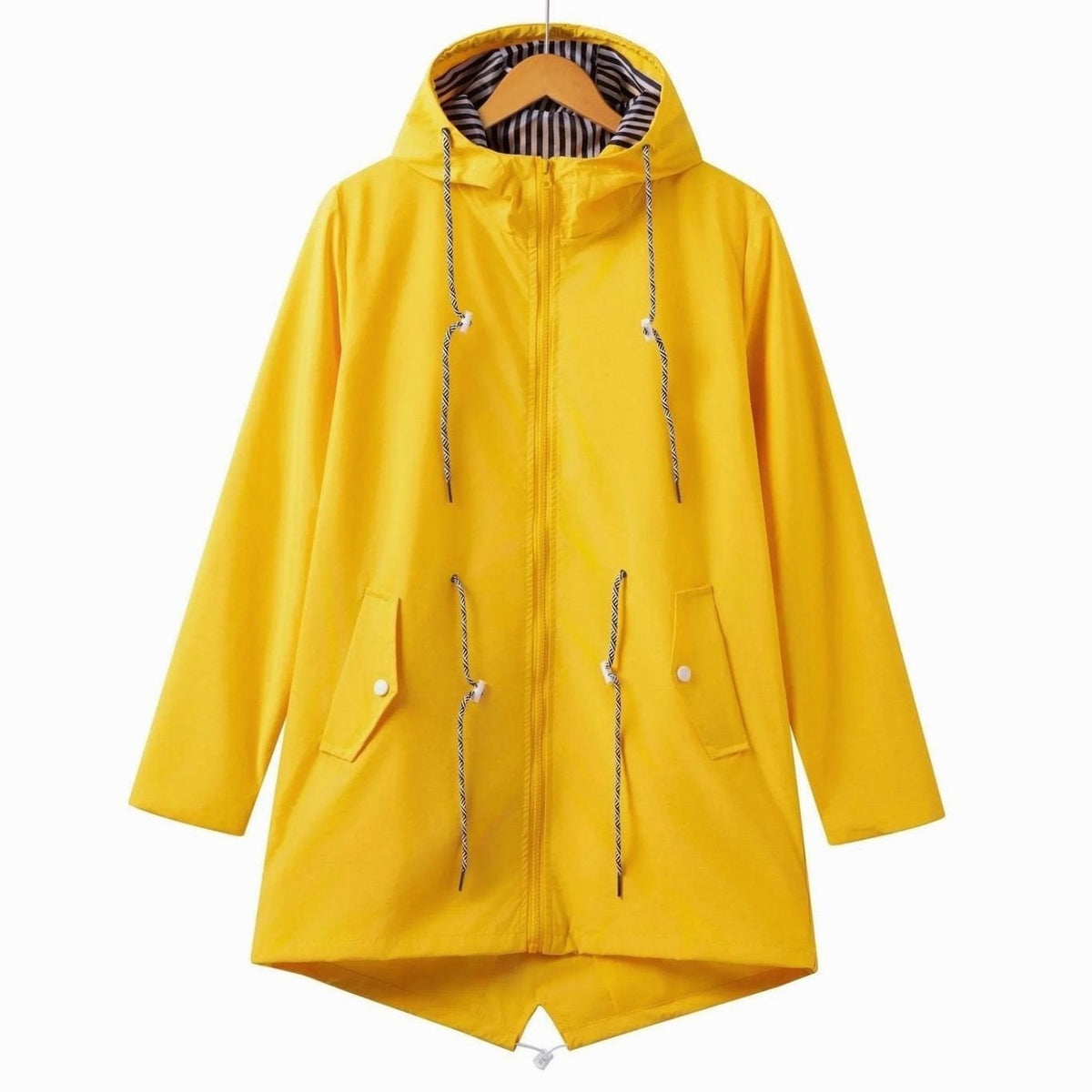 Women's Waterproof Hooded Trench Raincoat Drawstring Zip-Up - Yellow