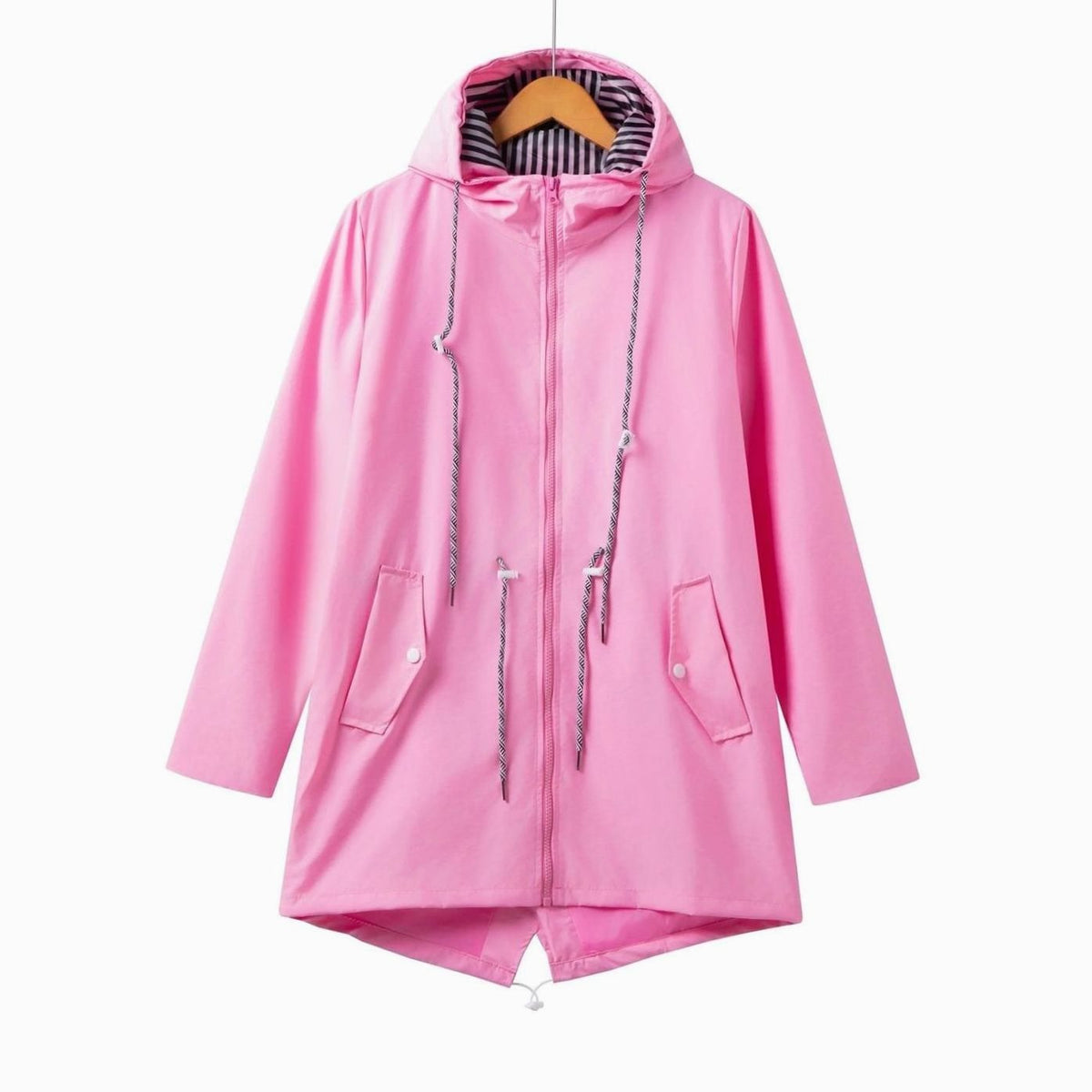 Women's Waterproof Hooded Trench Raincoat Drawstring Zip-Up - Pink