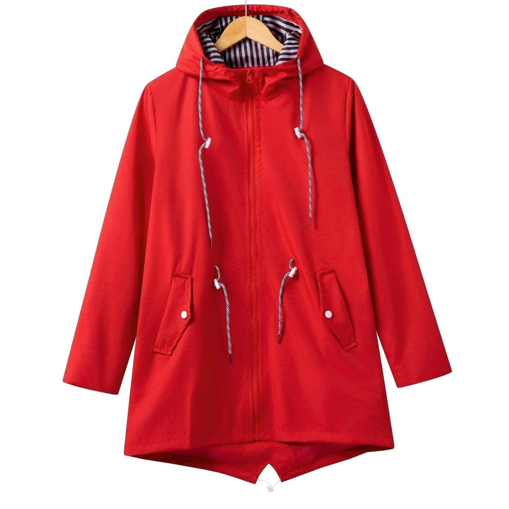 Women's Waterproof Hooded Trench Raincoat Drawstring Zip-Up - Red