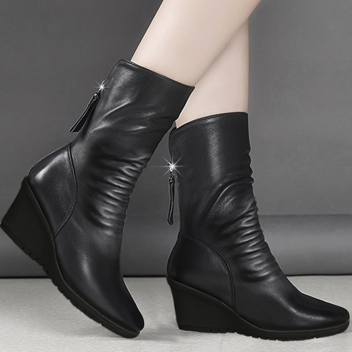 Women's Wedge Mid-Calf Boots Side-Zip Ruched Faux Leather - Black