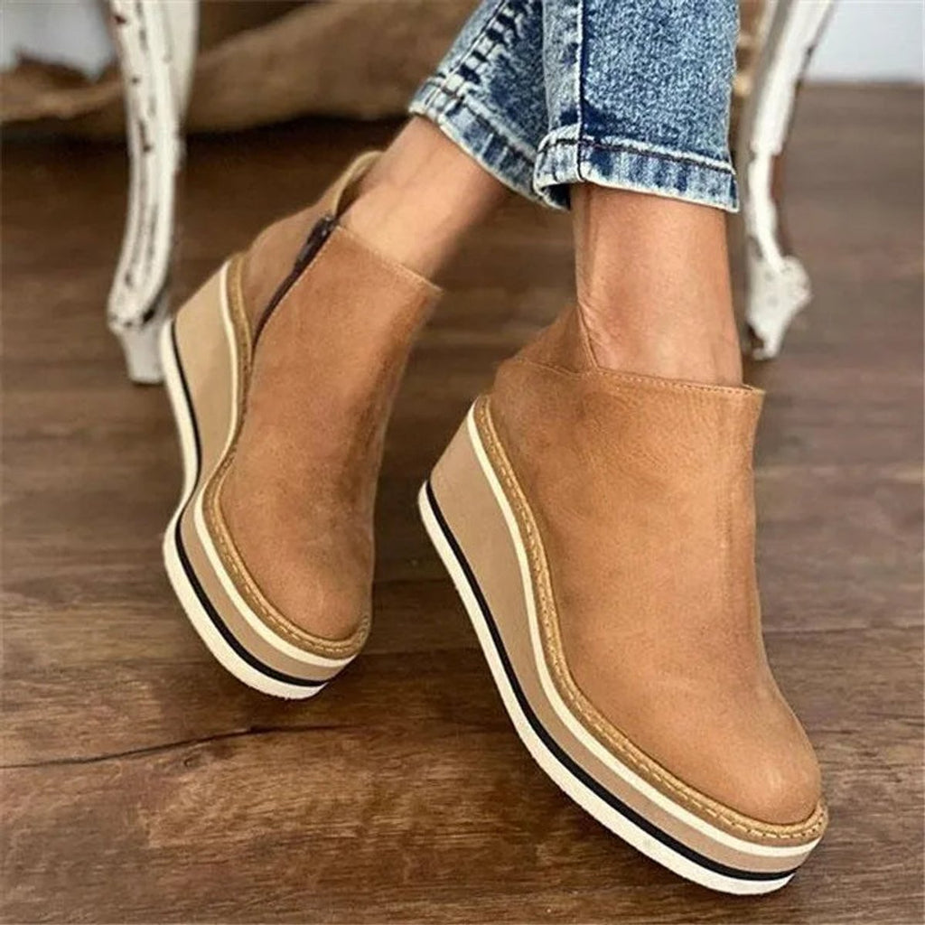 Women's Wedge Platform Zip-Up Ankle Boots - Beige
