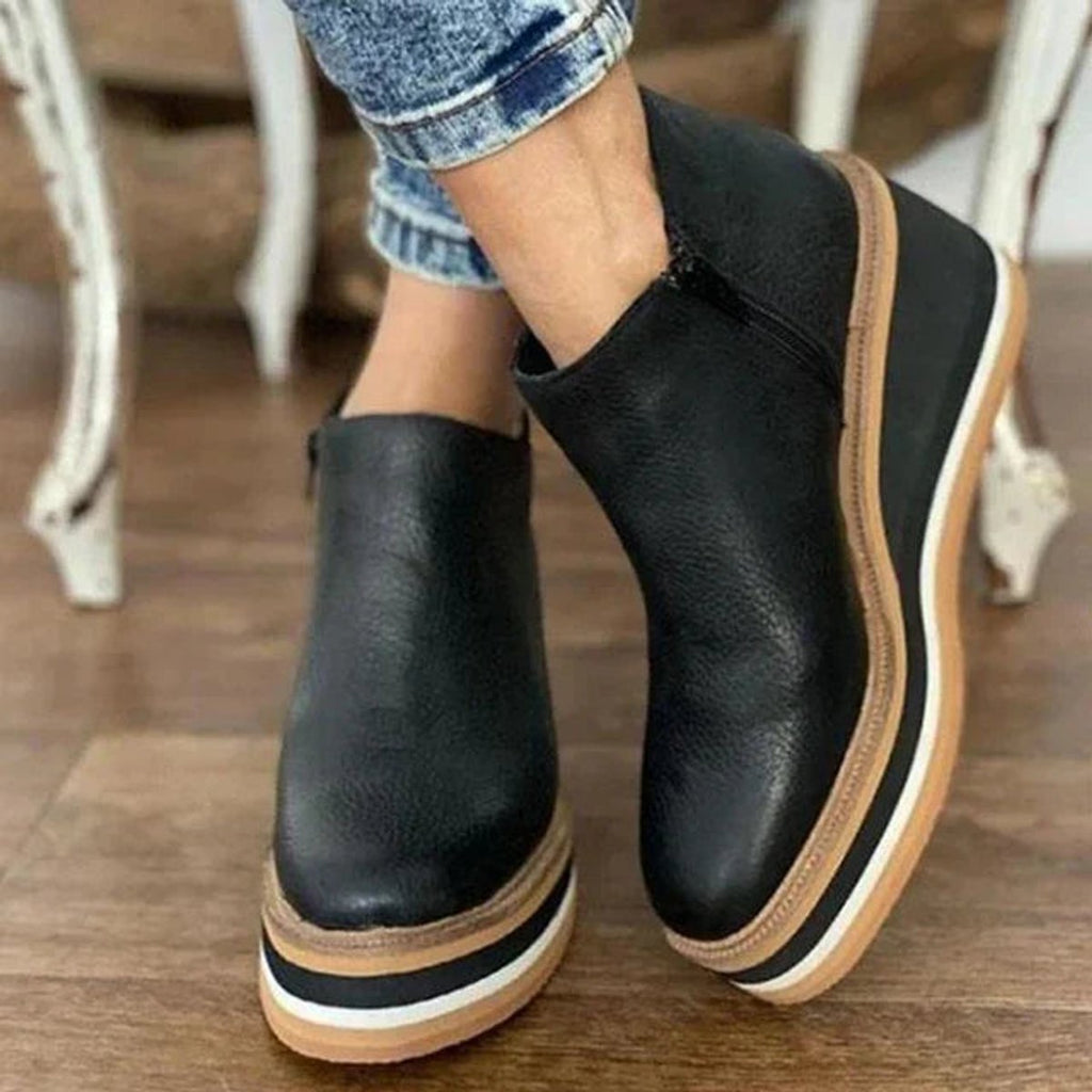 Women's Wedge Platform Zip-Up Ankle Boots - Black