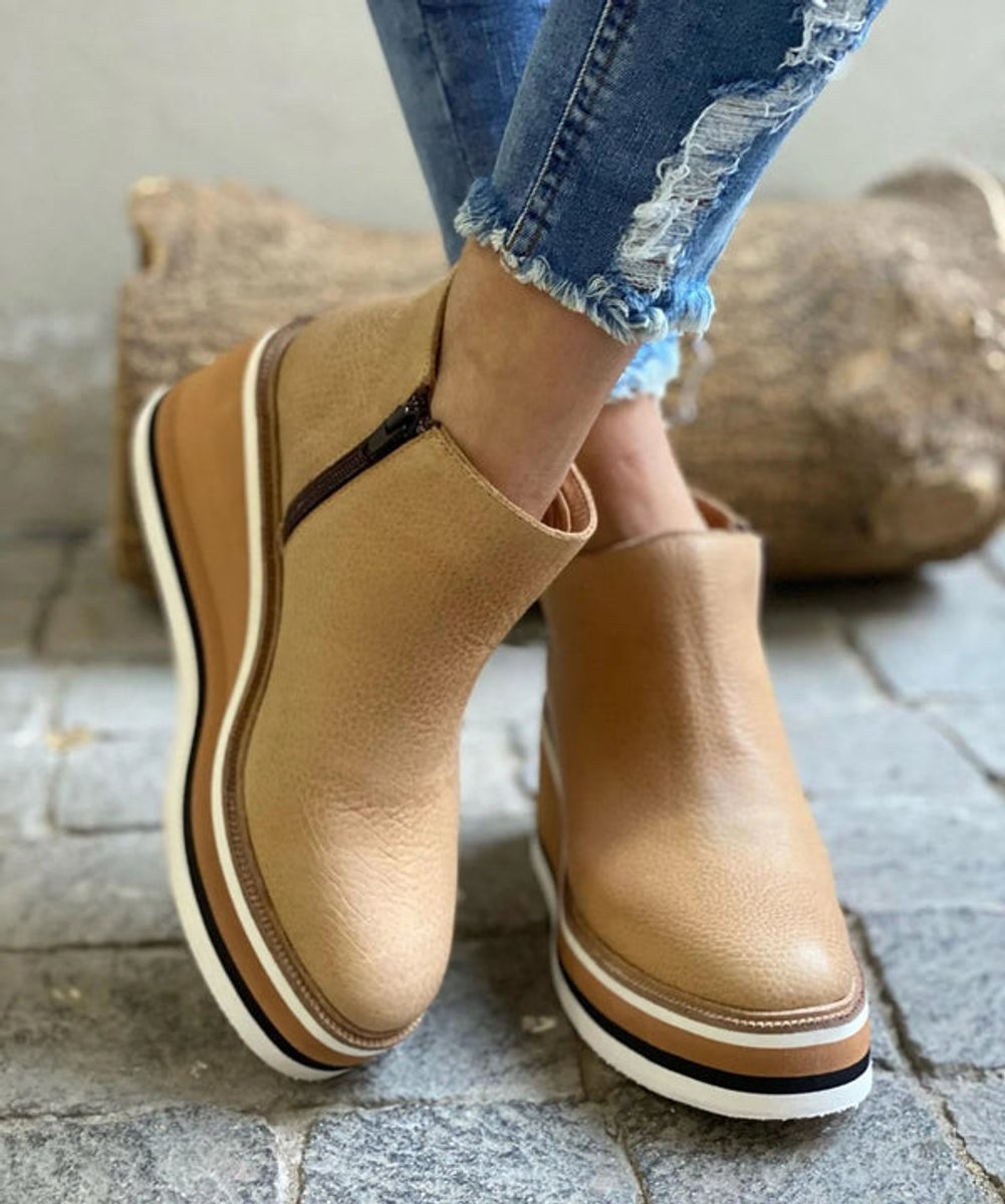 Women's Wedge Platform Zip-Up Ankle Boots - Khaki