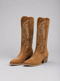 Women's Western Embroidered Suede Knee-High Cowboy Ankle Boots - Brown