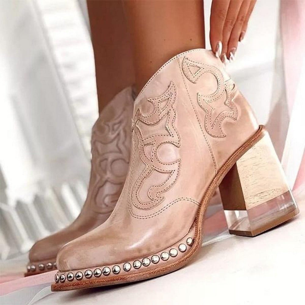 Women's Western Studded Block-Heel Ankle Boots - Dune Pink