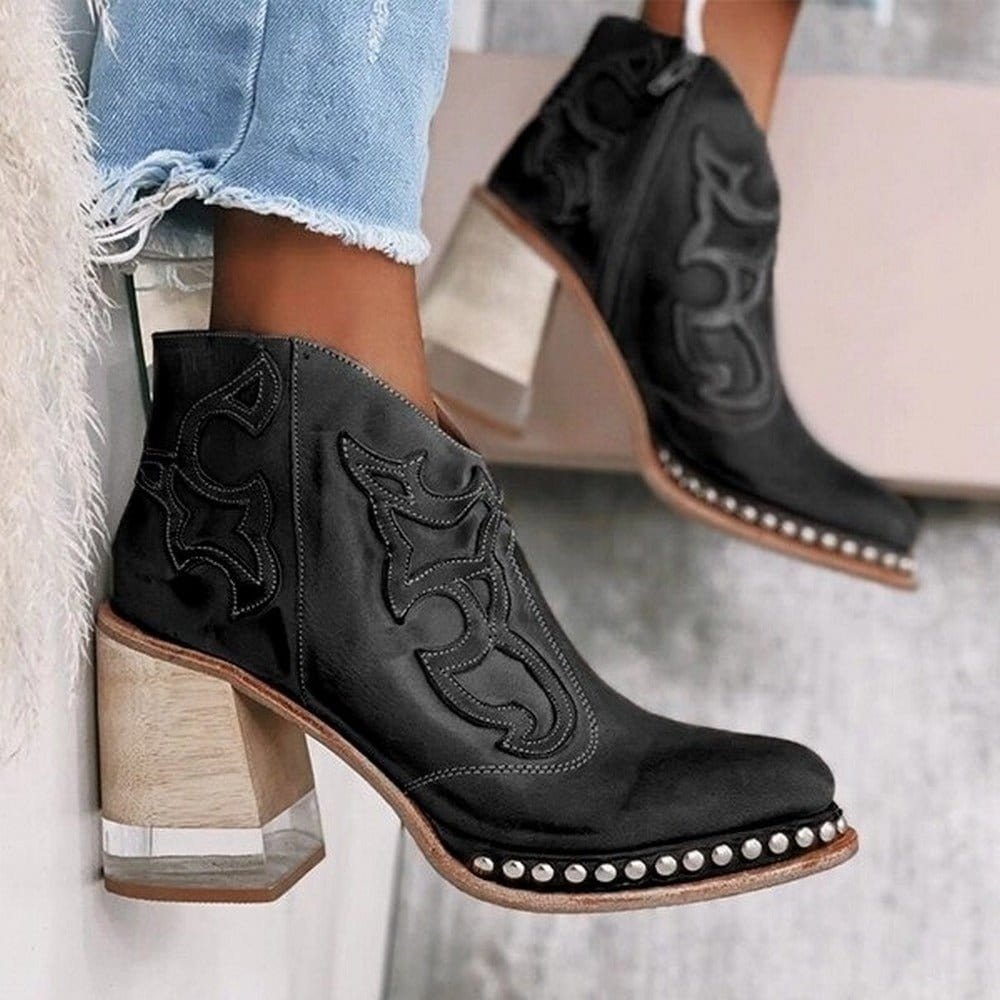 Women's Western Studded Block-Heel Ankle Boots - Santafe Black