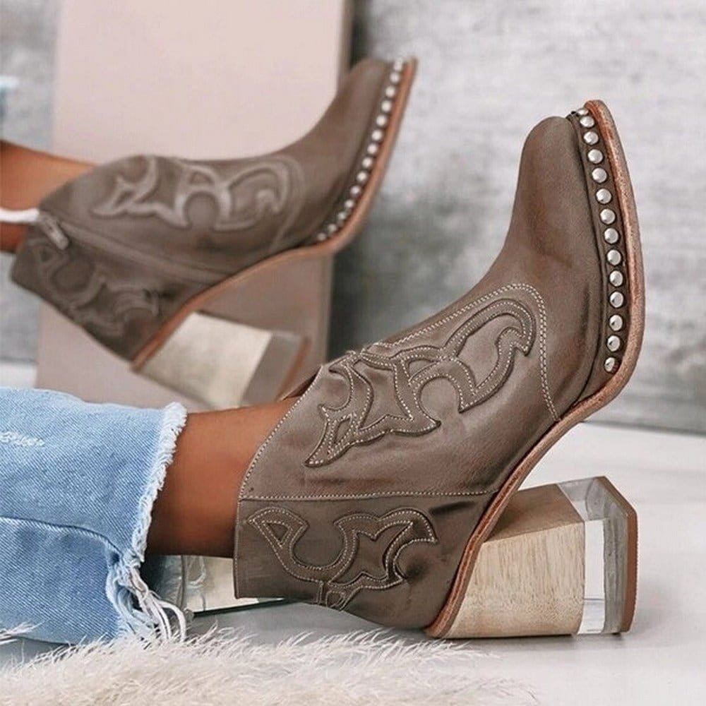 Women's Western Studded Block-Heel Ankle Boots - Texan Brown