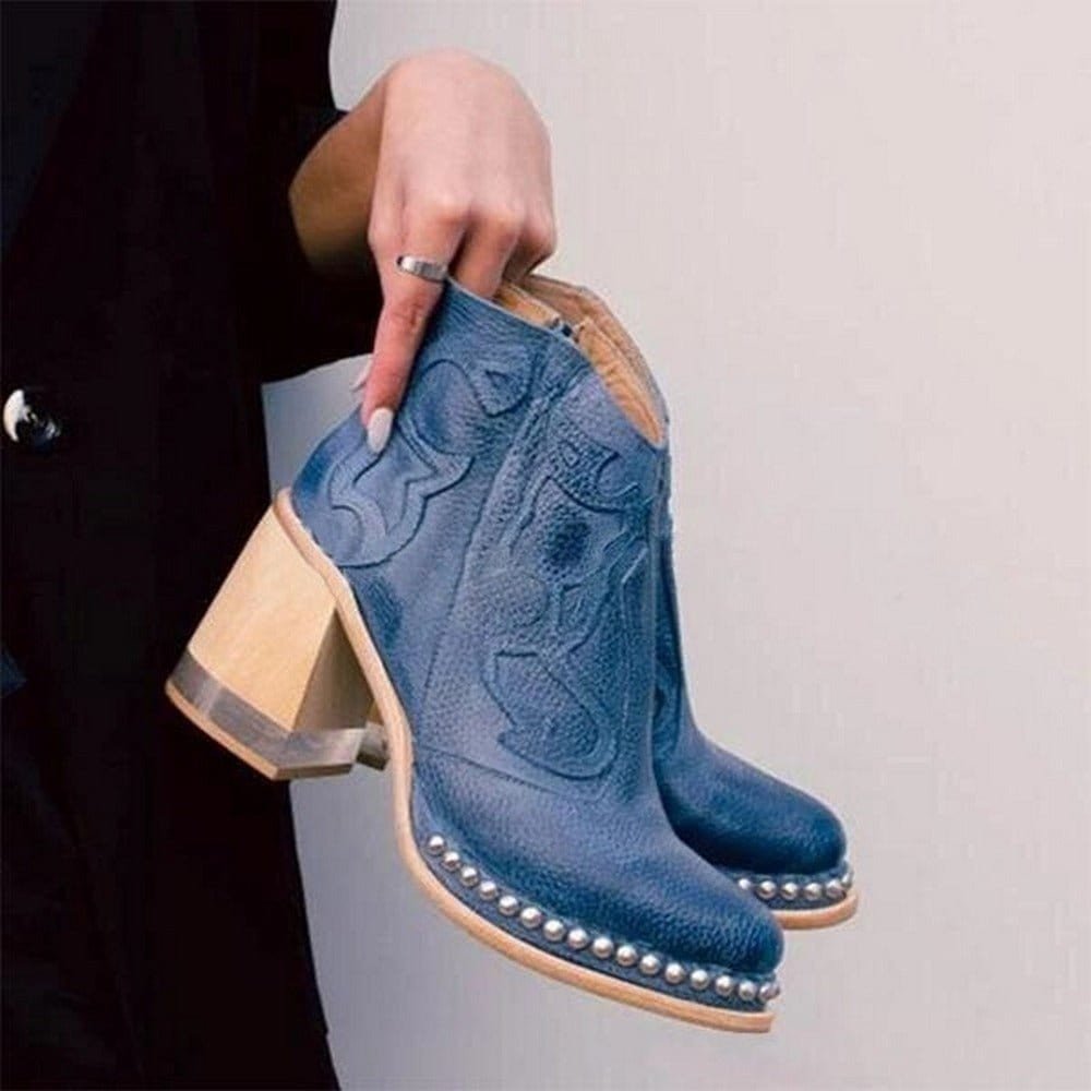 Women's Western Studded Block-Heel Ankle Boots - Capri Blue