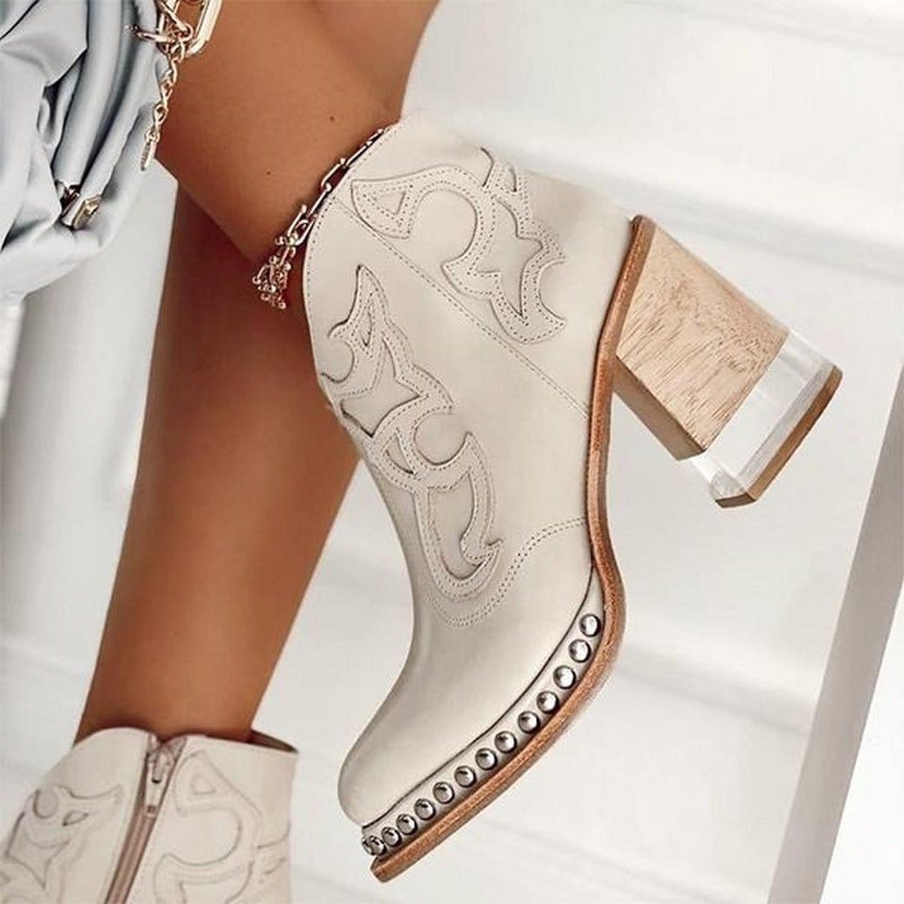 Women's Western Studded Block-Heel Ankle Boots - Vegas White