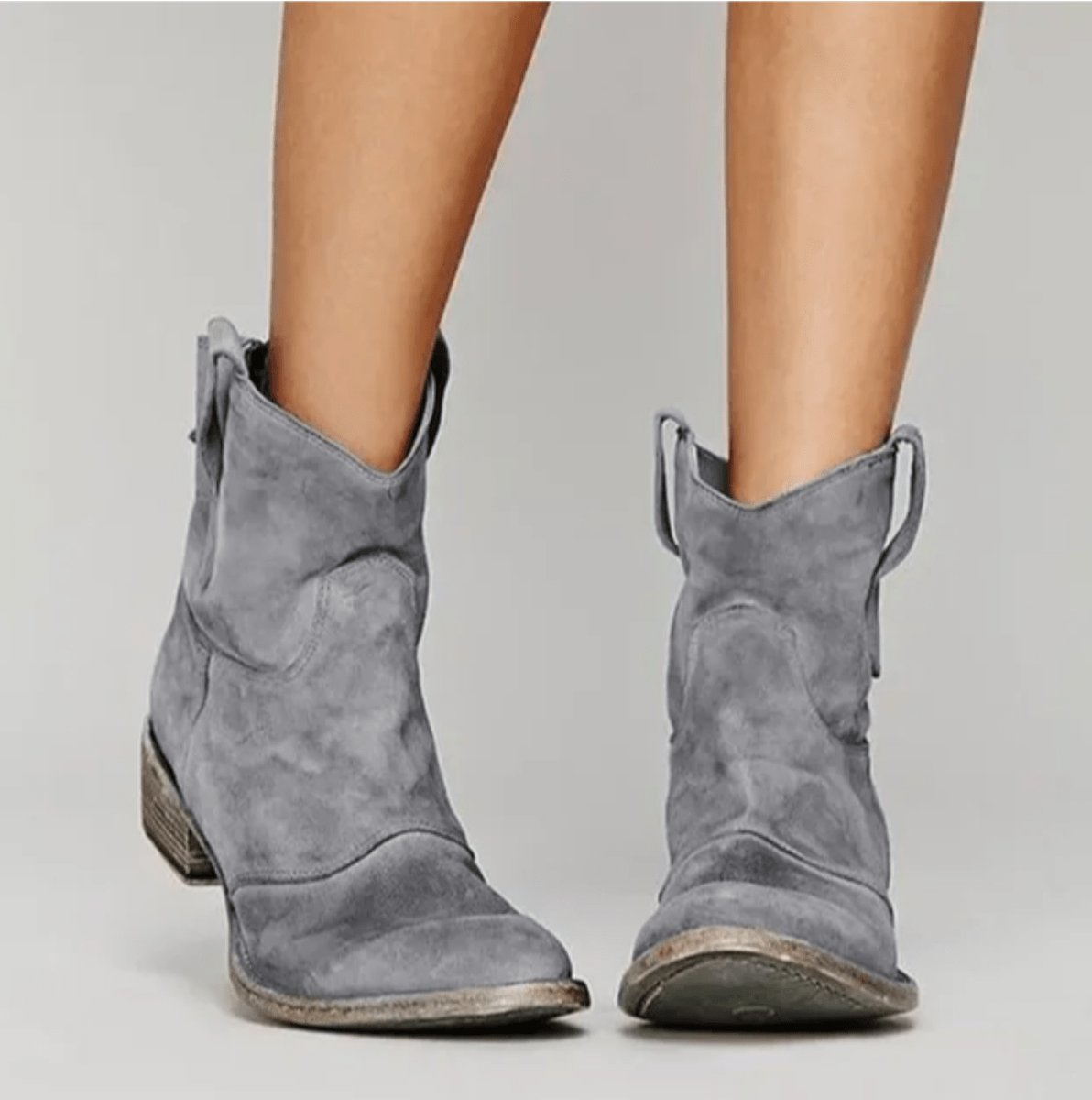 Women's Western-Style Suede Ankle Knee High Boots Flat Heel - Gray