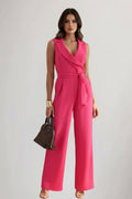 Women's Wide-Leg Blazer-Collar Tie-Waist Jumpsuit - Fuchsia Pink