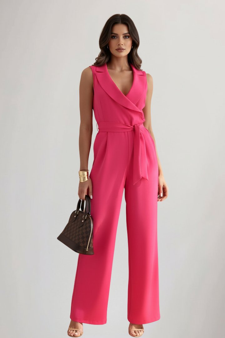 Women's Wide-Leg Blazer-Collar Tie-Waist Jumpsuit - Fuchsia Pink
