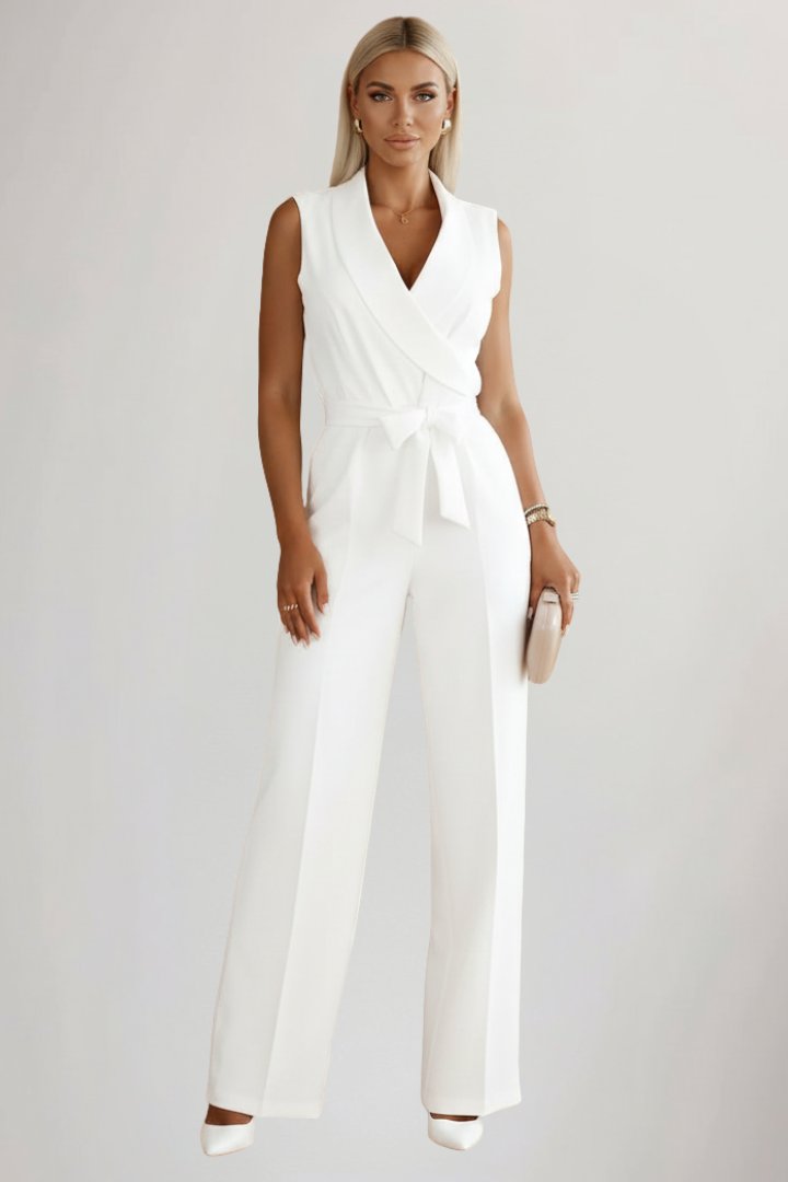 Women's Wide-Leg Blazer-Collar Tie-Waist Jumpsuit - White