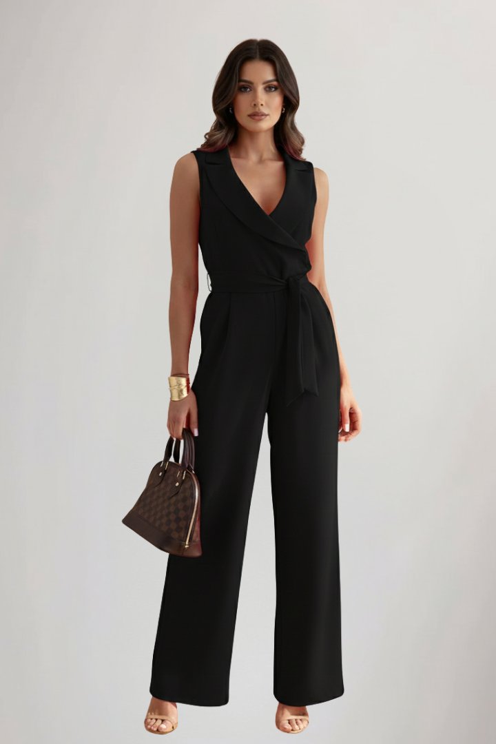 Women's Wide-Leg Blazer-Collar Tie-Waist Jumpsuit - Black