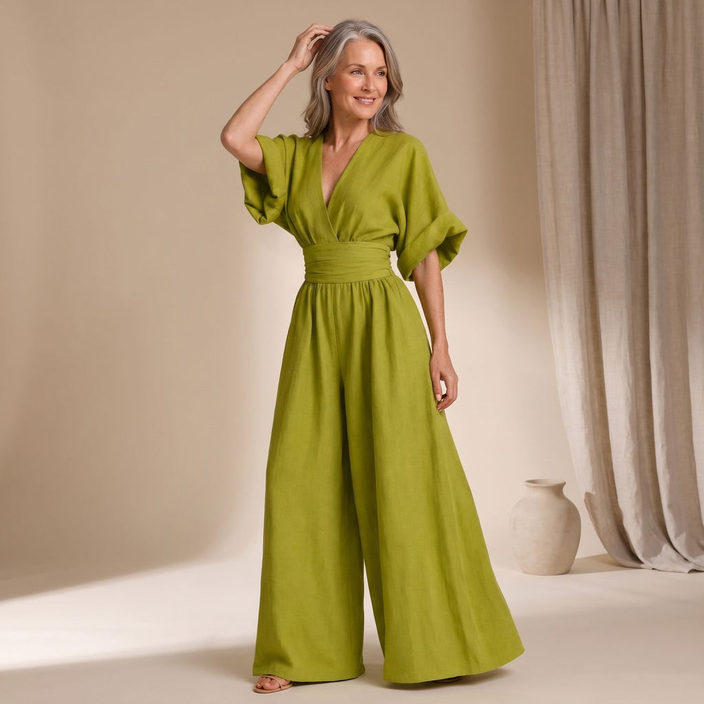 Women's Wide-Leg High-Waist V-Neck Jumpsuit - Olive Green