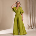 Women's Wide-Leg High-Waist V-Neck Jumpsuit - Olive Green