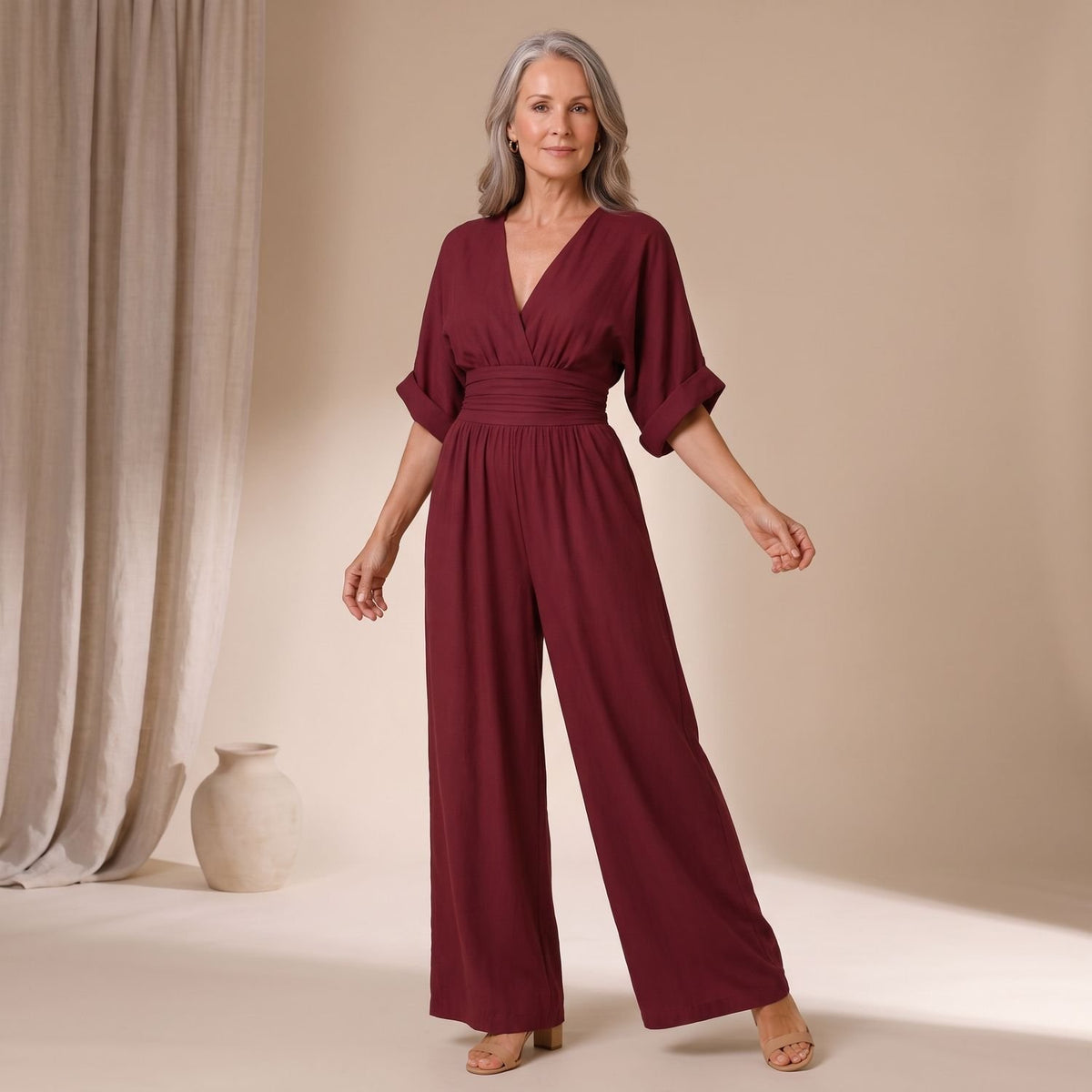 Women's Wide-Leg High-Waist V-Neck Jumpsuit - Burgundy