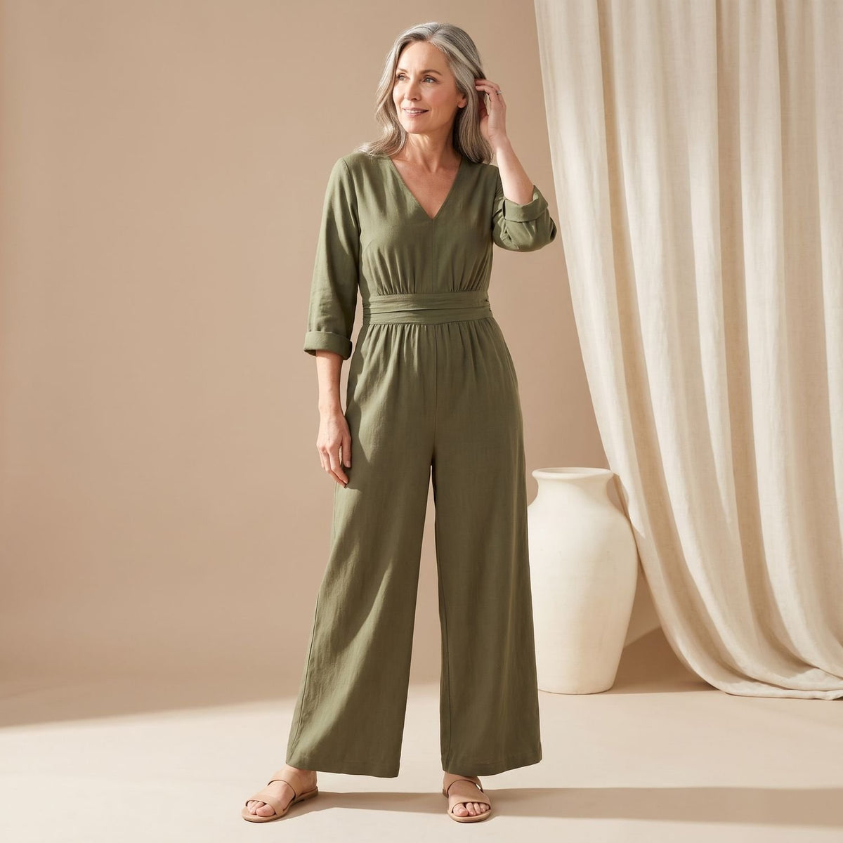 Women's Wide-Leg High-Waist V-Neck Jumpsuit - Dark Green