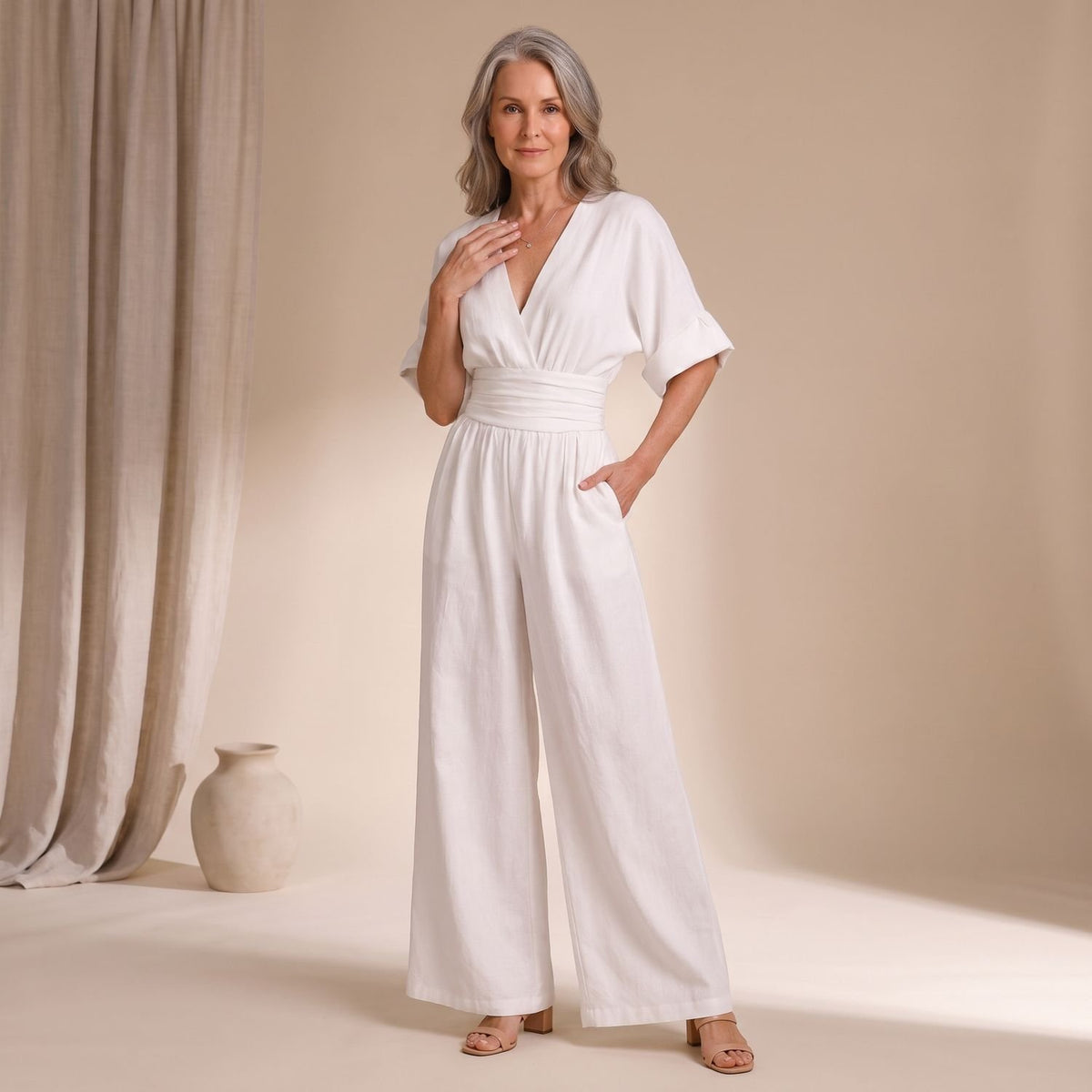 Women's Wide-Leg High-Waist V-Neck Jumpsuit - White