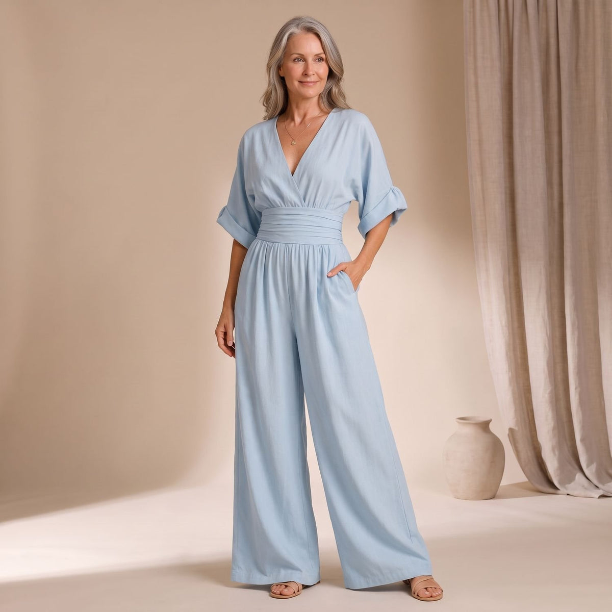 Women's Wide-Leg High-Waist V-Neck Jumpsuit - Light Blue