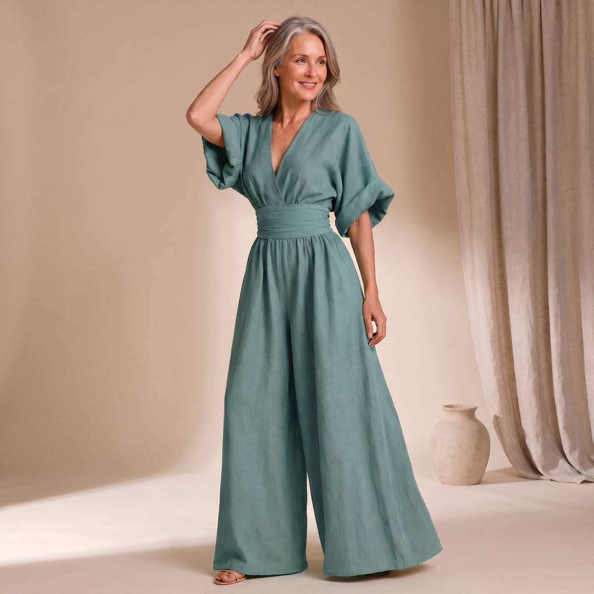 Women's Wide-Leg High-Waist V-Neck Jumpsuit - Peacock Blue
