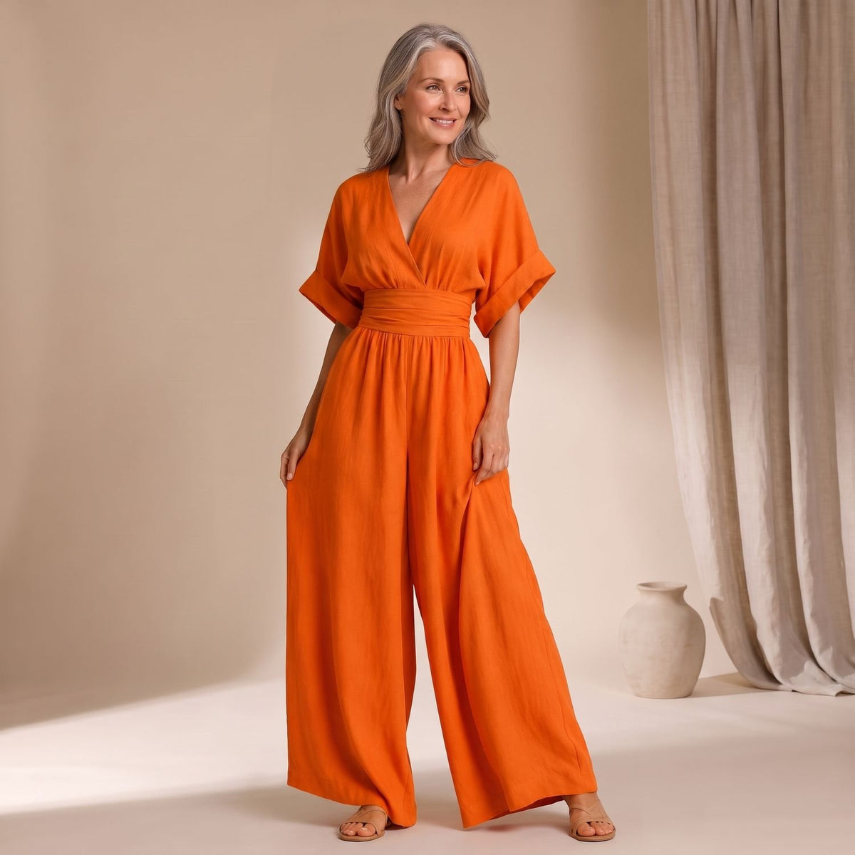 Women's Wide-Leg High-Waist V-Neck Jumpsuit - Orange