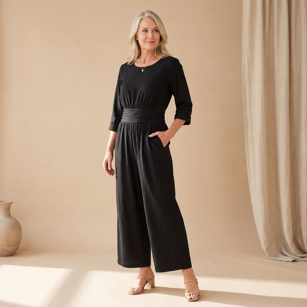 Women's Wide-Leg High-Waist V-Neck Jumpsuit - Black