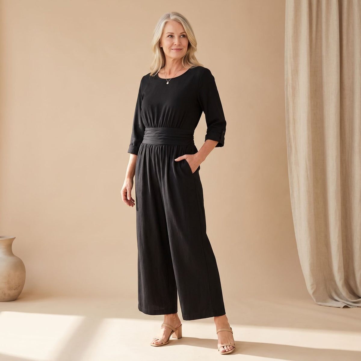 Women's Wide-Leg High-Waist V-Neck Jumpsuit - Black