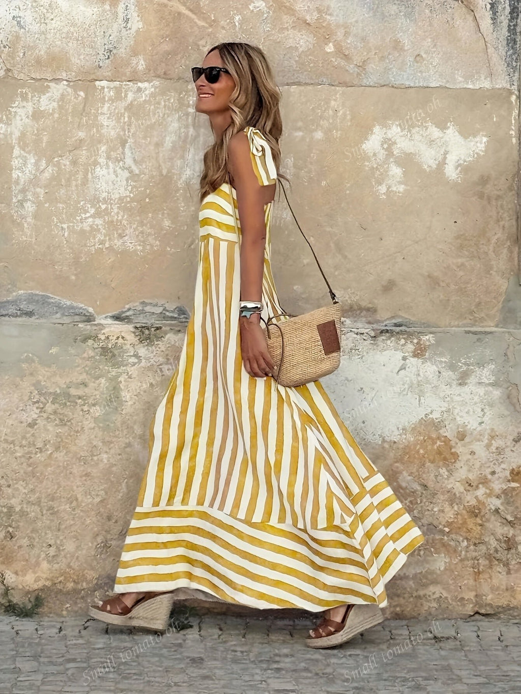 Women's Wide-Stripe Tie-Strap Flowy Maxi Dress