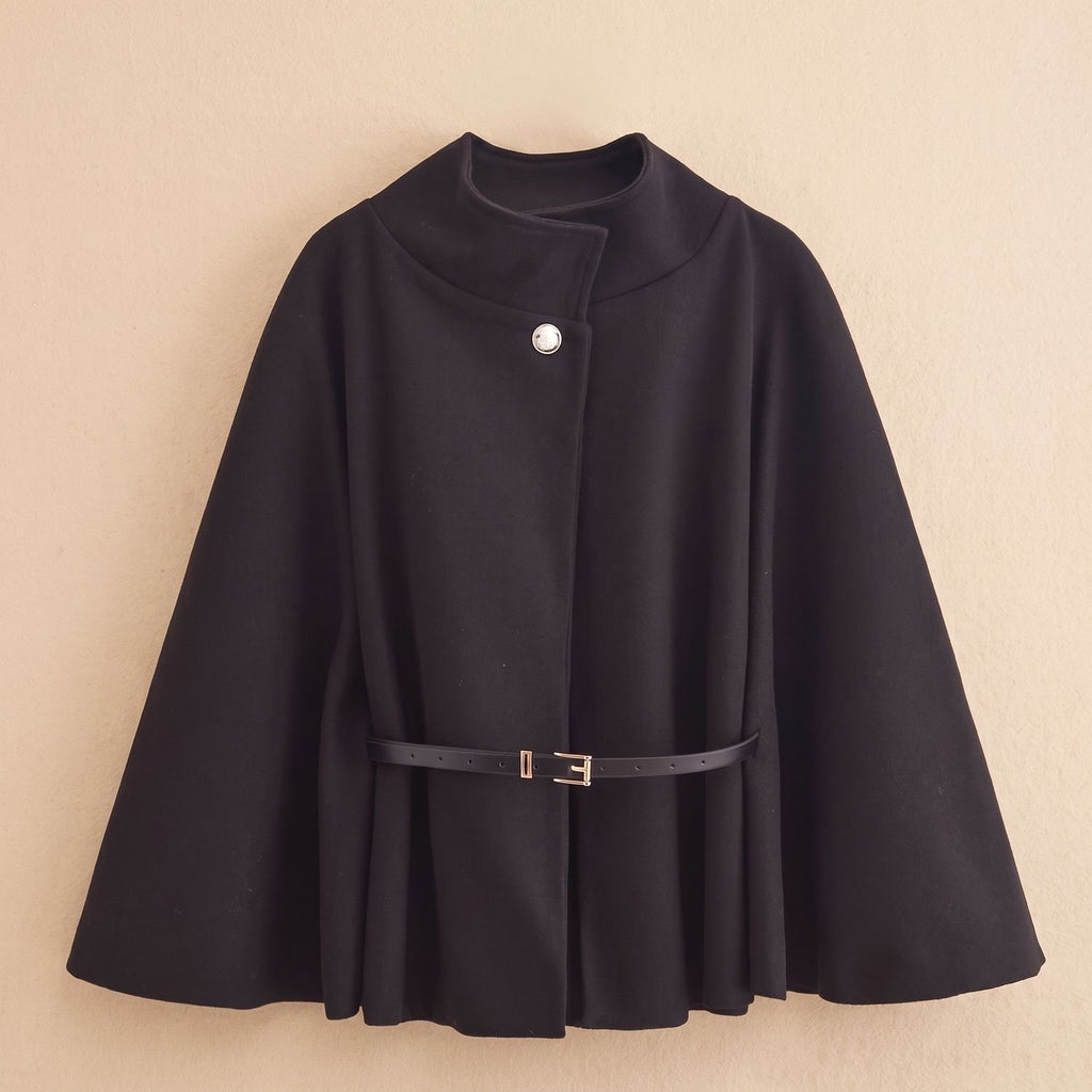 Women's Wool Cape Coat High-Collar Belted Button Closure - Black
