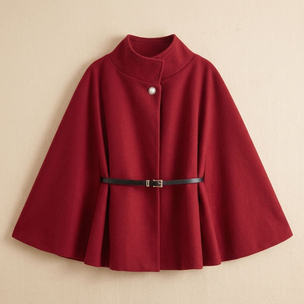 Women's Wool Cape Coat High-Collar Belted Button Closure - Burgundy
