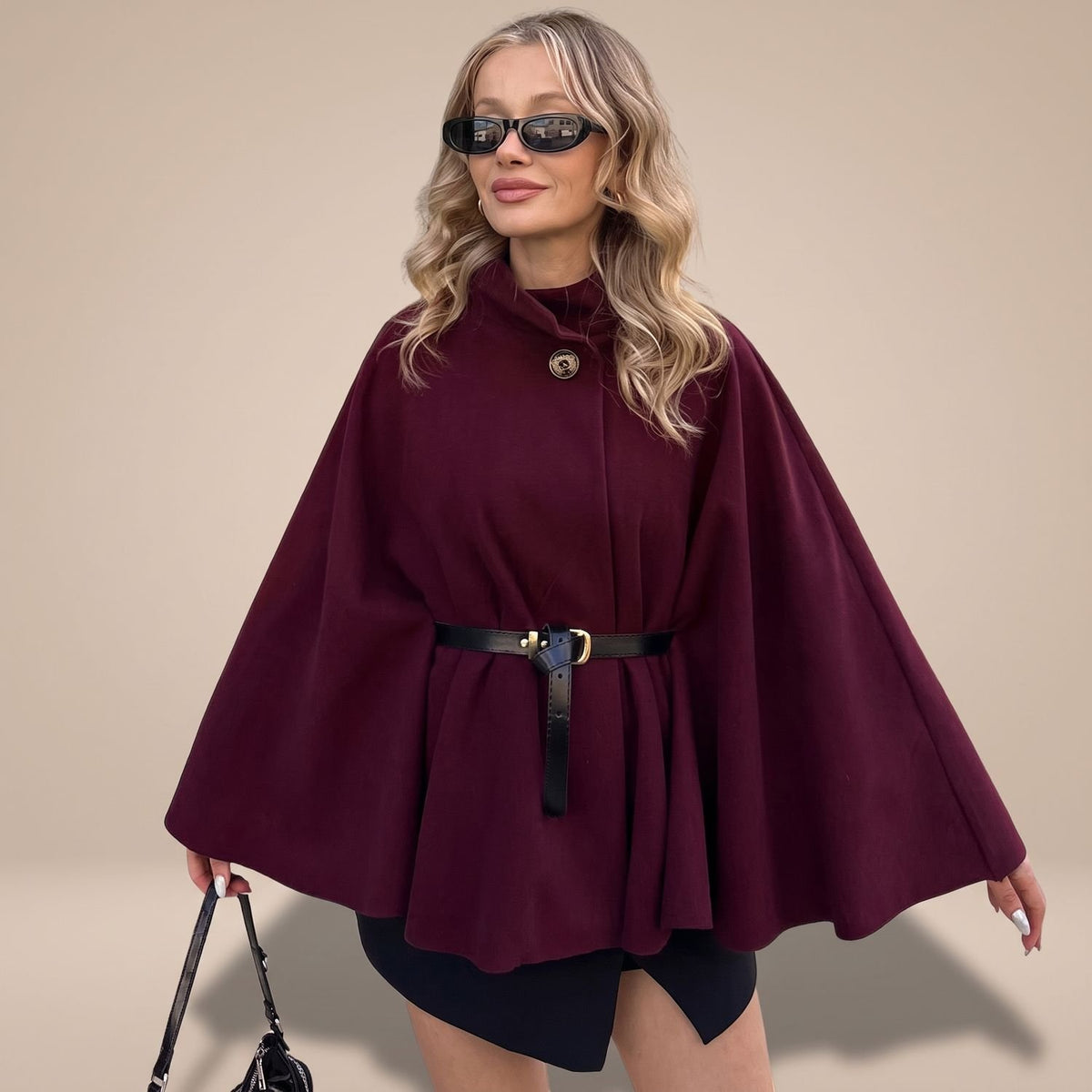 Women's Wool Cape Coat High-Collar Belted Button Closure - Black