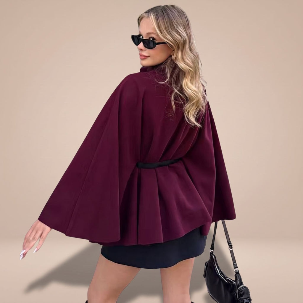 Women's Wool Cape Coat High-Collar Belted Button Closure