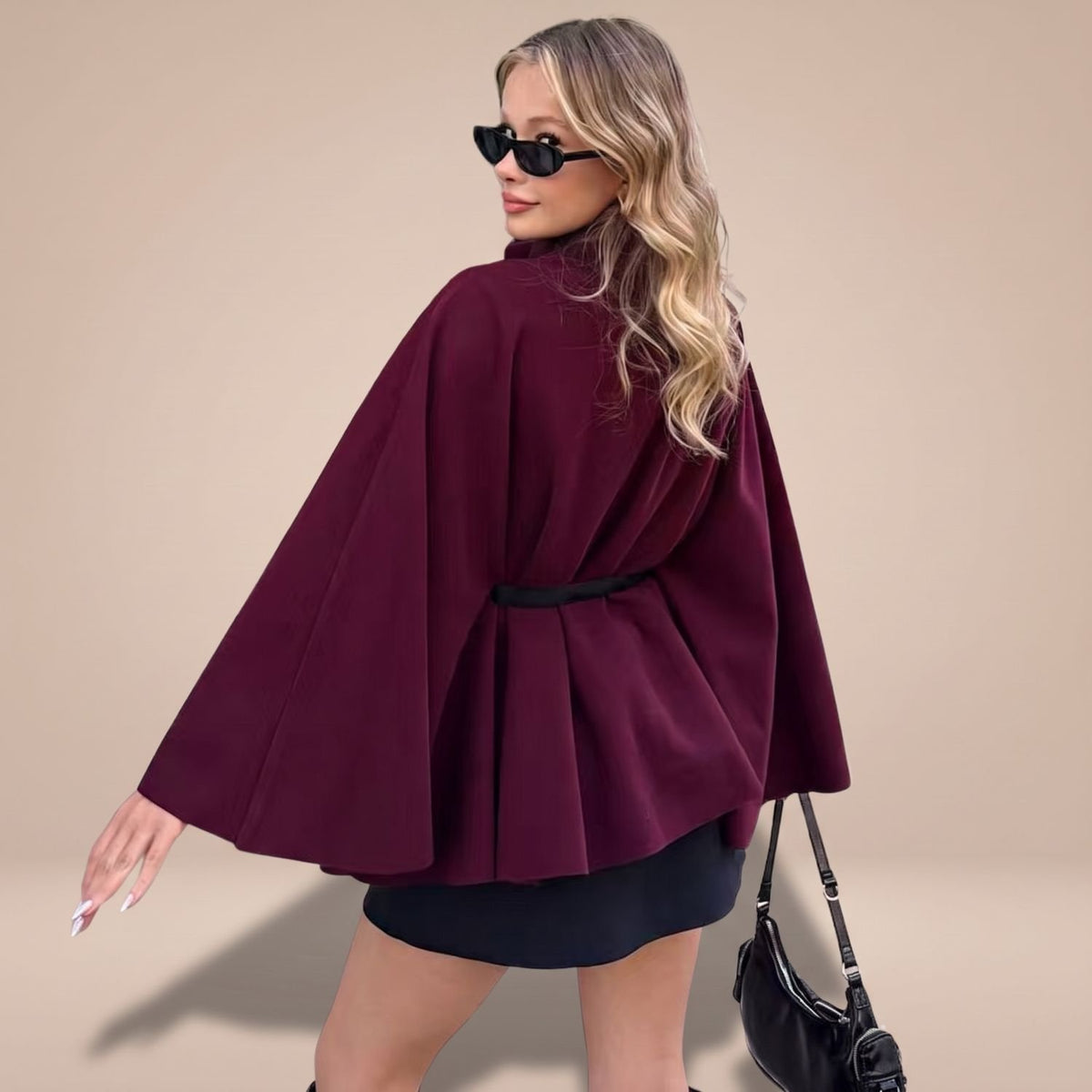 Women's Wool Cape Coat High-Collar Belted Button Closure